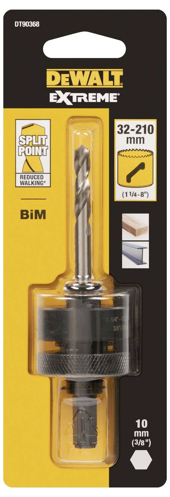 'Packaging of DeWalt Extreme Hole Saw, 32-210 mm diameter, Split-Point Design, suitable for wood, metal and plastic.'