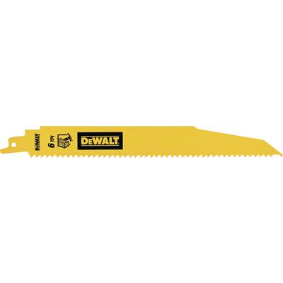 Yellow saw blade with 'DEWALT' printed on it, underneath reads '6 TIN'. The blade has fine teeth suitable for precise cuts.