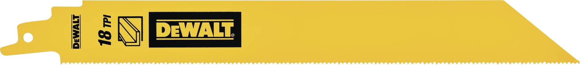 A yellow reciprocating saw blade with a black 'DEWALT' logo and '18 TPI' marking shows its teeth and shape. Ideal for precise cuts.