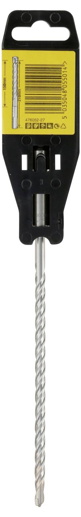 Drill attachment with a narrow, spiral design and yellow label featuring a barcode, suitable for concrete or stone materials.