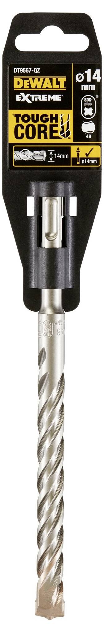 DeWALT drill with 'TOUGH CORE' inscription, 14mm size. Packaging displays details about material and potential uses.