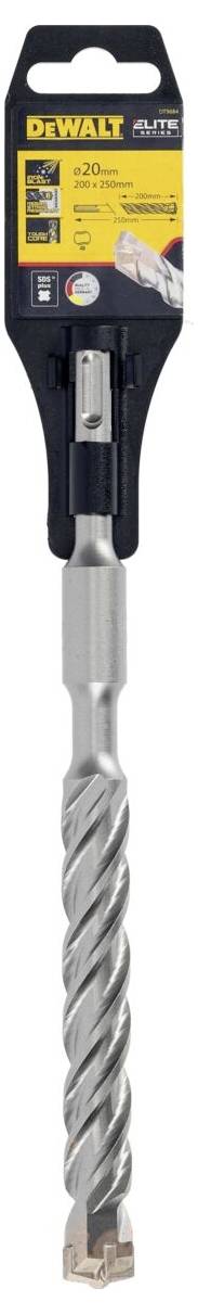 A silver DeWalt drill with a black and yellow label. The drill bit is spiral-shaped.