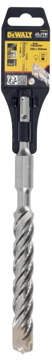 DEWALT SDS-PLUS EXTREME2 drill bit, 22 mm diameter, for high-performance drilling tool. Packaged with descriptions.