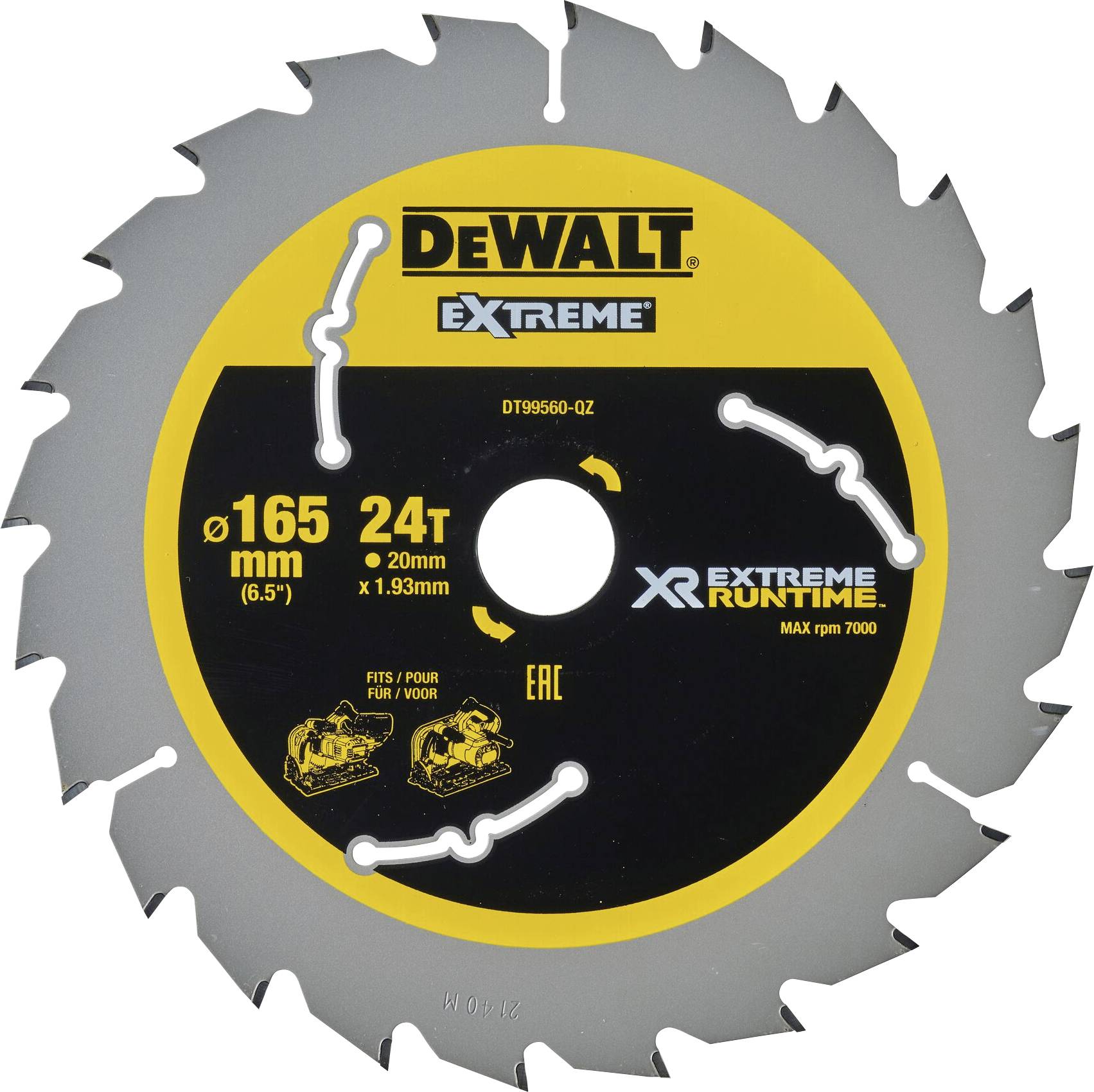 Circular saw blade with yellow centre and brand logo, 165 mm diameter, 24 teeth, suitable for wood and plastics, max. 7000 rpm.