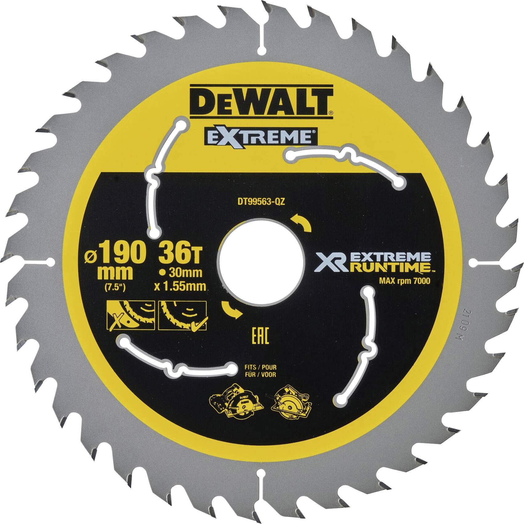 'DeWalt Extreme saw blade, 190 mm diameter, 36 teeth, suitable for woodworking, maximum rotational speed 7000 rpm.'