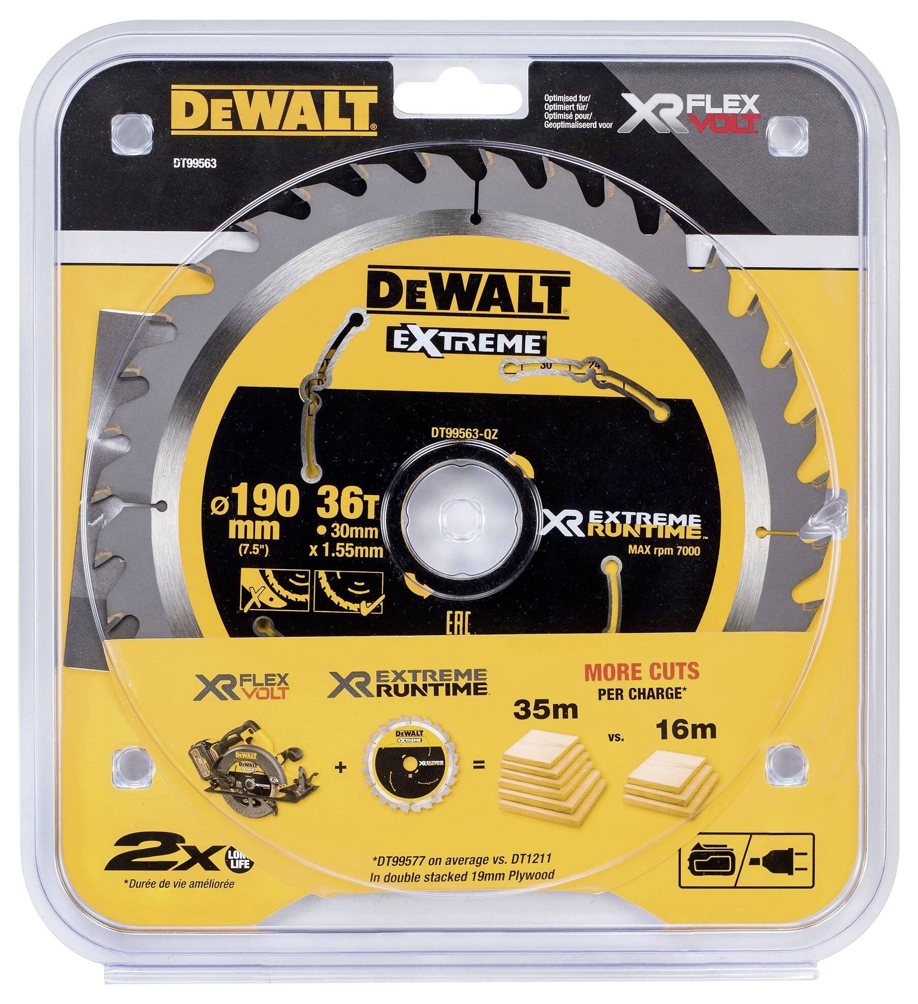 'Saw blade for wood, DeWalt Extreme, 190 mm diameter, 36 teeth, 30 mm bore. Suitable for more cuts per charge.'