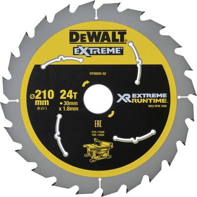 Circular saw blade with the inscription 'DEWALT EXTREME 210 mm, 24T, 30 mm, 1.8 mm'. Suitable for high speeds up to 7000 RPM.