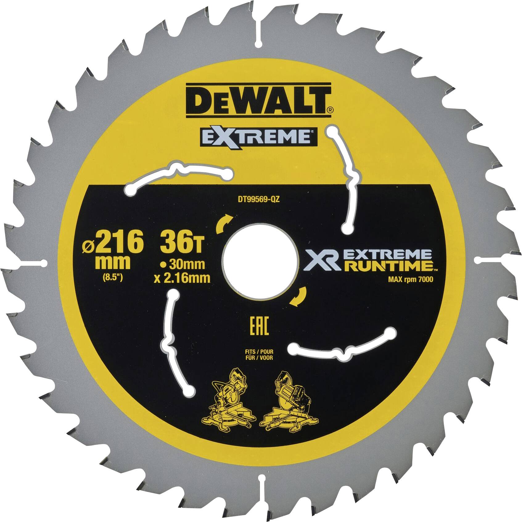 'DEWALT Xtreme Runtime Circular Saw Blade with 36 Teeth, Diameter 216 mm, Thickness 2.16 mm, Maximum Speed 7000 RPM, Yellow-Black.'