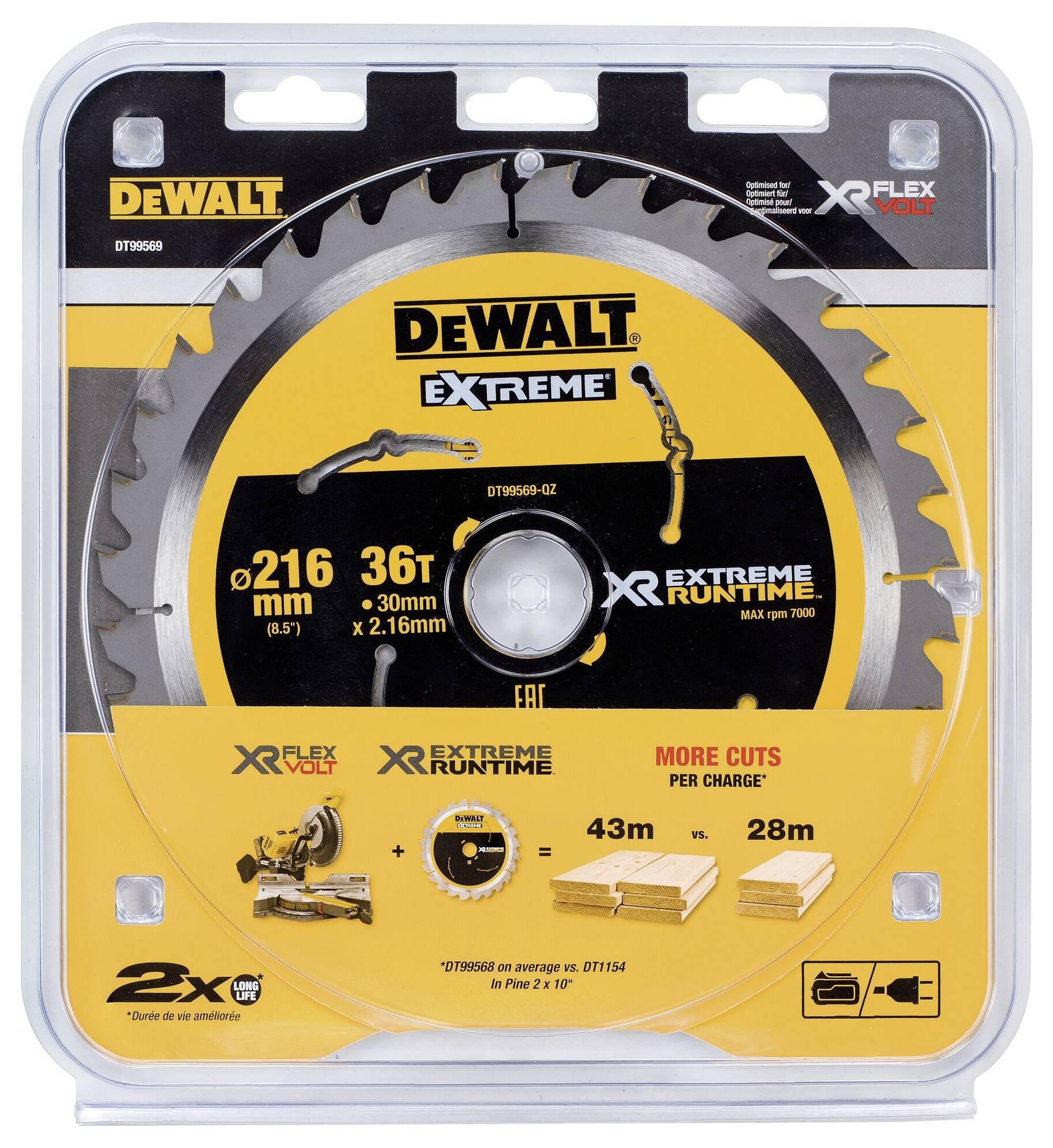 'DeWalt' circular saw blade 216 mm, 36 teeth. Packaging highlights key features: 'Xtreme Runtime', more cuts per charge, illustrations of wood logs.