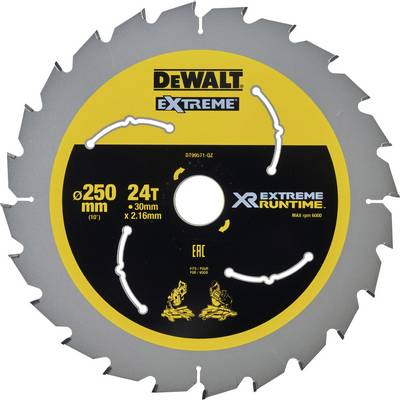 A silver and yellow circular saw blade packaging with the inscription 'DeWalt', 'Extreme', '250mm', '24T' and 'Extreme Runtime'.