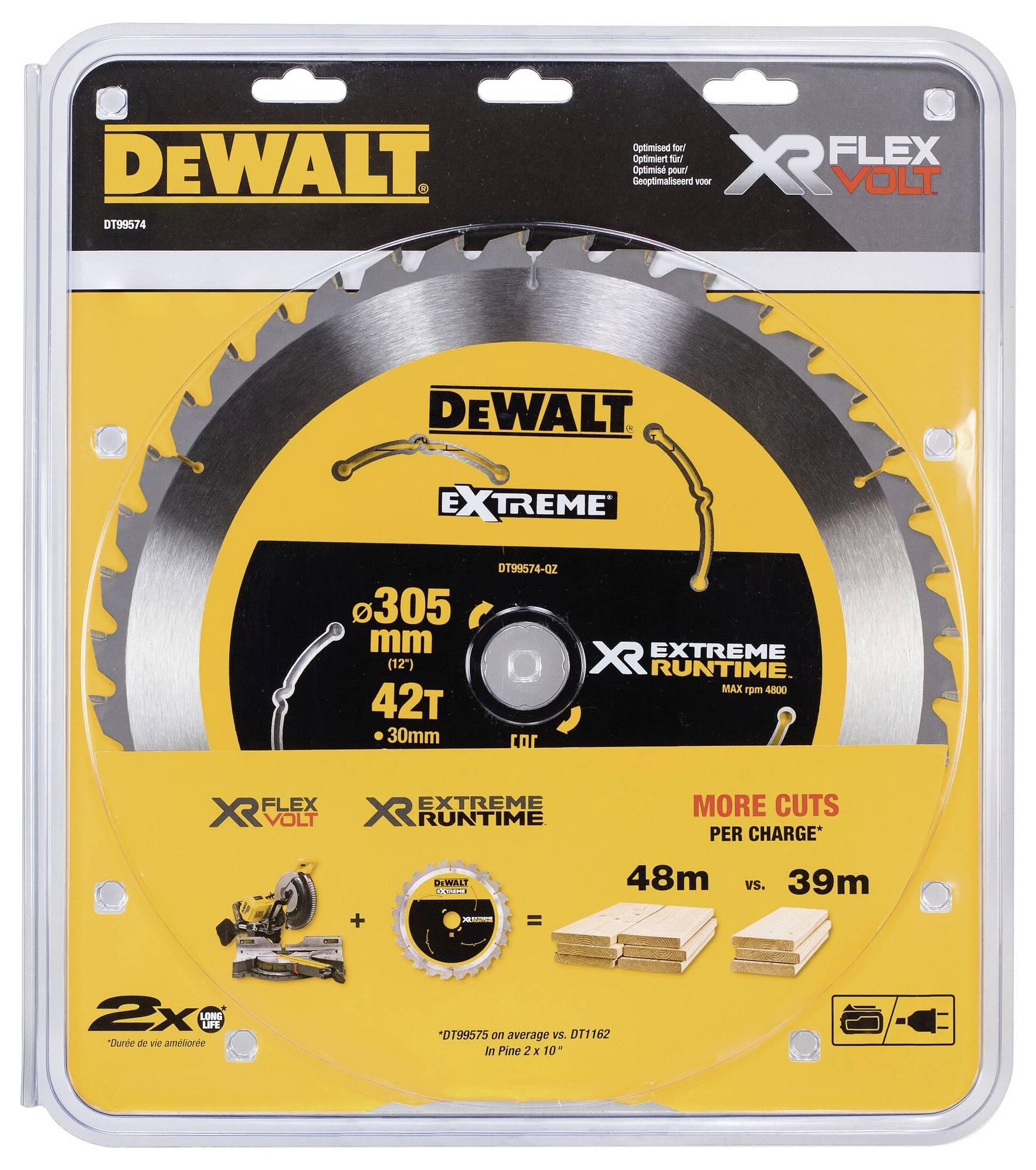 A circular metal saw blade in packaging marked 'DeWALT', with a diameter of 305 mm and 42 teeth.