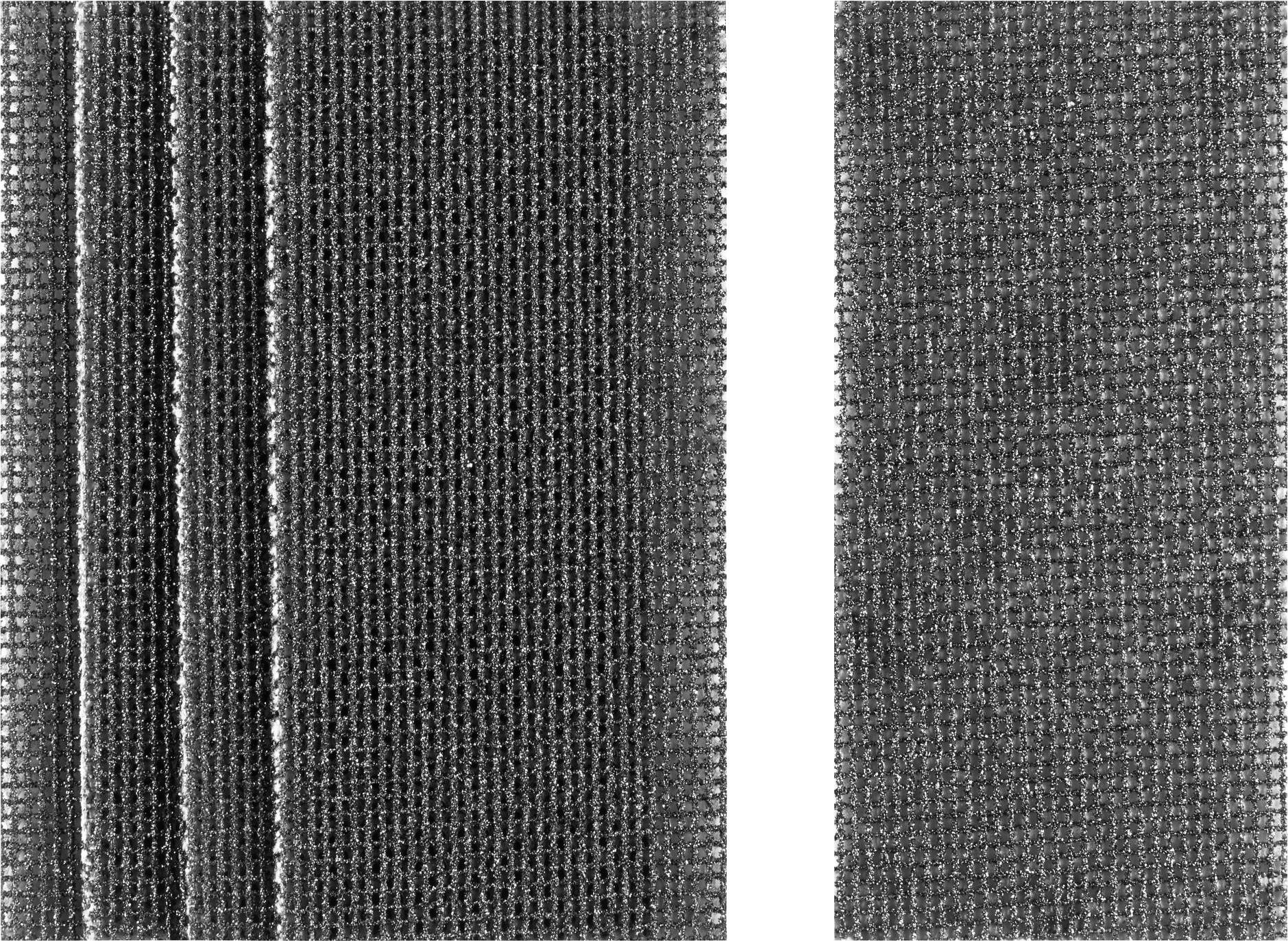 Close-up of hook-and-loop fastener. On the left, several strips together; on the right, a single strip. Both demonstrate the hook-like structure.