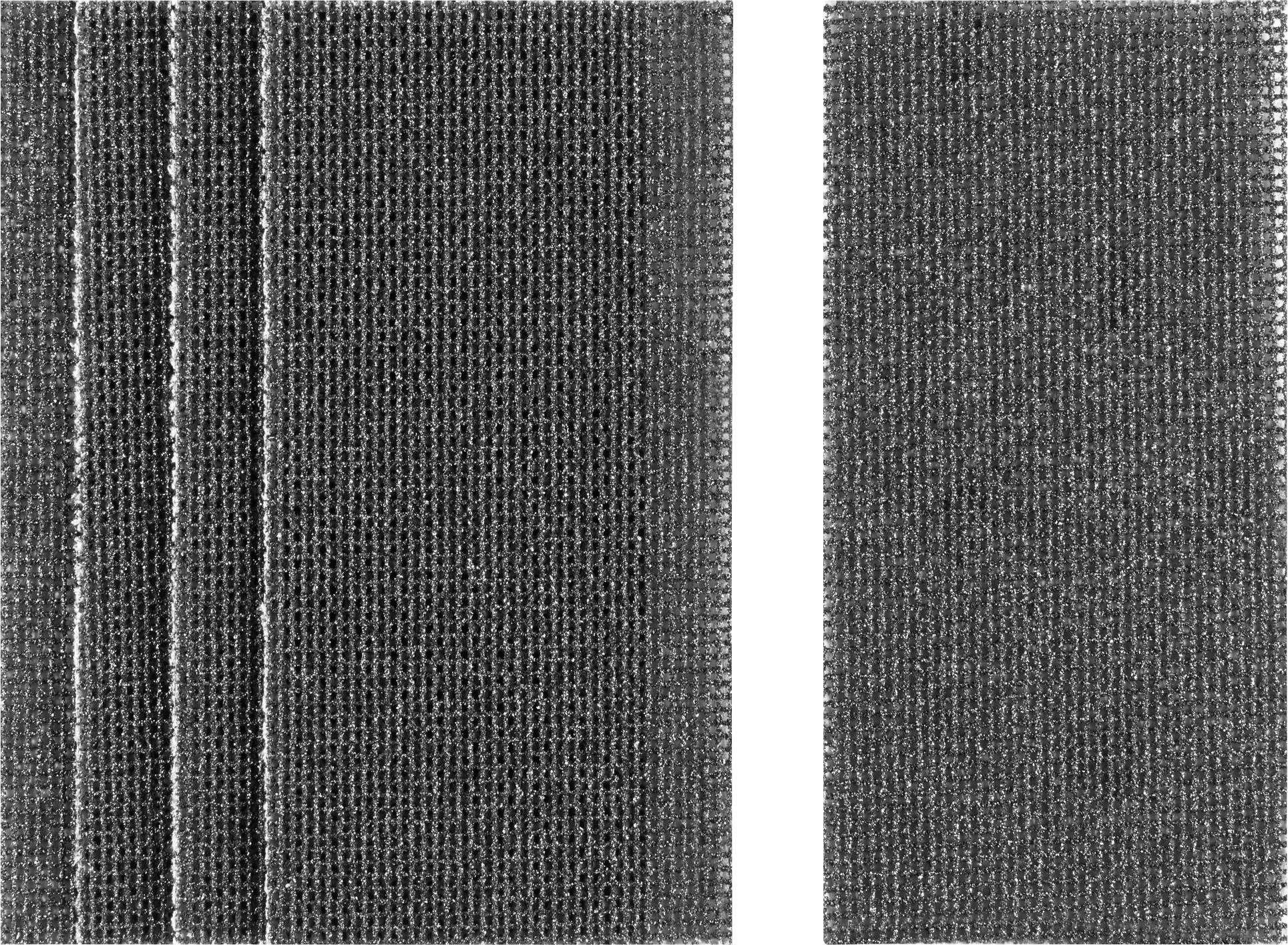 'Close-up of two grey textile ribbons, one on the left with three parallel lines, the other uniformly knitted.'