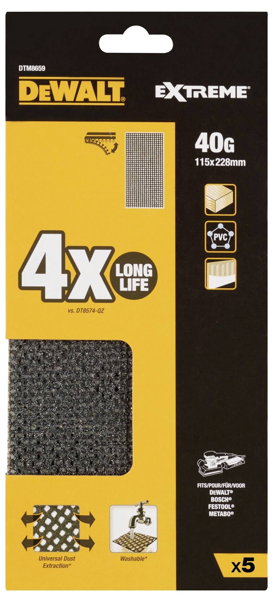 Packaging of DeWalt 'EXTREME' sanding grids, 40G, 115x228mm, durable with 4x longer lifespan, compatible with bagless dust extraction.