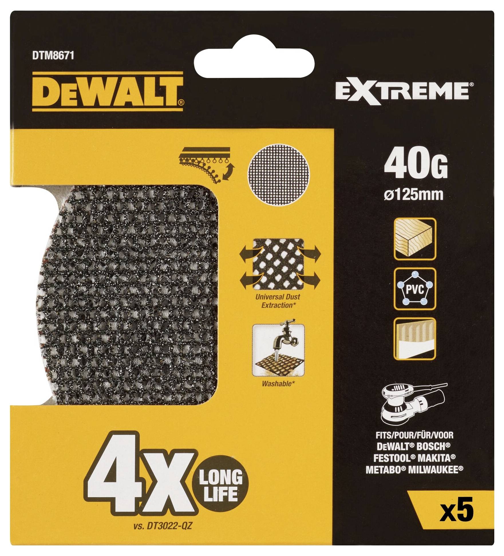Black DeWalt sanding paper, 125mm diameter, 40 grit, suitable for wood, PVC, metal; offers four times longer lifespan.
