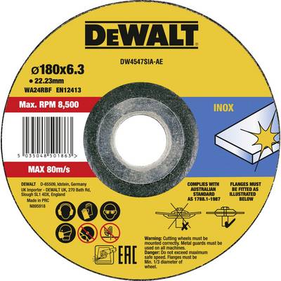 'Dewalt Grinding Disc, Ø180x6.3 mm, Max. RPM 8500, MAX 80m/s. For Stainless Steel. Complies with AS 1788.1-1987 Standards, uses Flanges.'