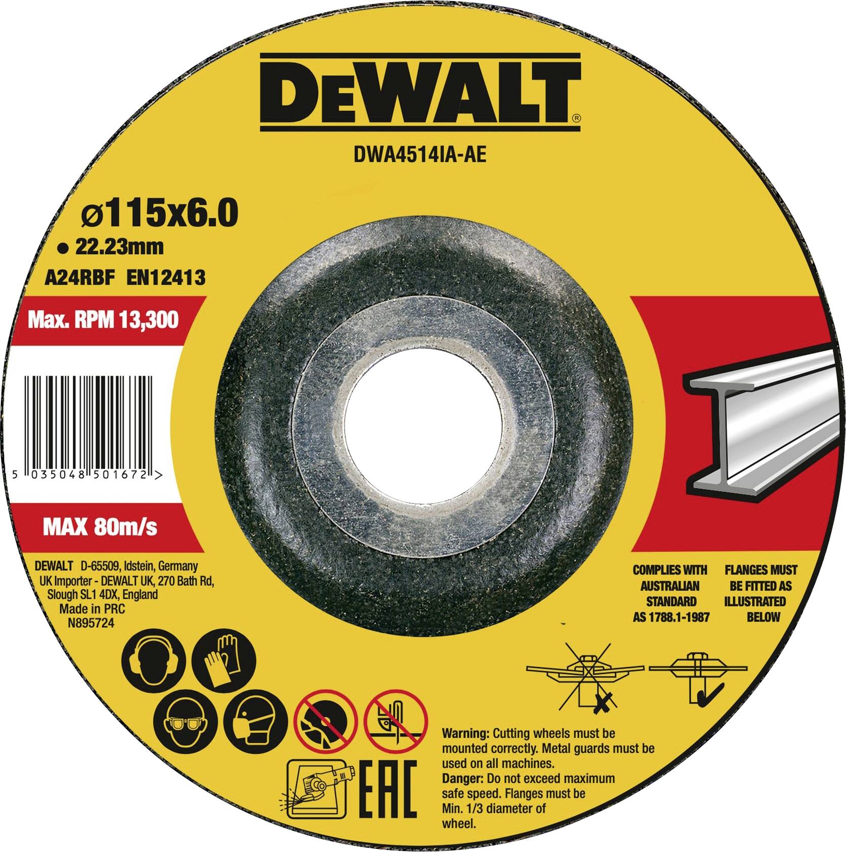 'DEWALT cutting disc, Ø115x6.0 mm, Max. RPM 13,300, Max. 80m/s. Metal mounting and safety instructions provided.'