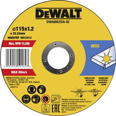 'DEWALT' Metal and Stainless Steel Cutting Disc, 115mm diameter, 1.2mm thickness, maximum speed 13,300 rpm, compatible with stainless steel.