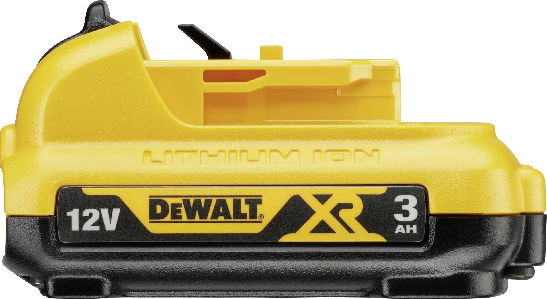 Yellow DeWalt 12V Lithium-ion Battery with 3 Ah capacity.
