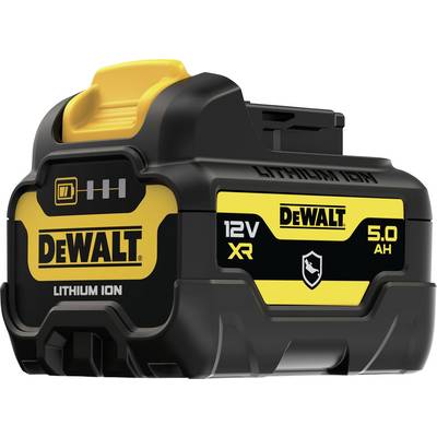 Battery with 'DEWALT' imprint, 12V XR, 5.0 Ah. Black and yellow design, lithium-ion technology, square shape.