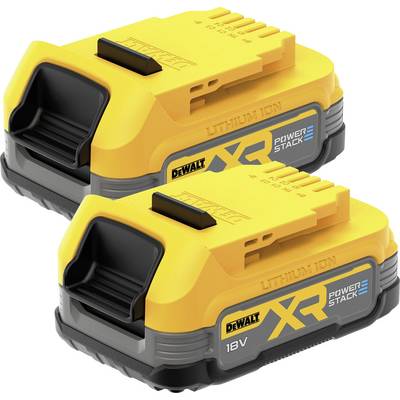 Two yellow 18V lithium-ion batteries by Dewalt, each printed with 'XR' and 'Powerstack'.