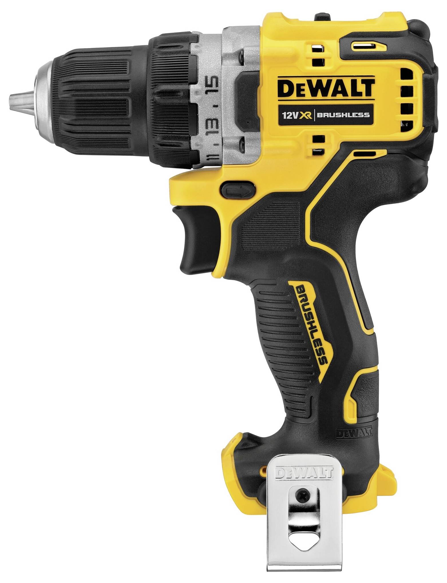 A yellow cordless drill with the inscription 'DEWALT XR 12V Brushless'. Compact design, ideal for precise drilling work.