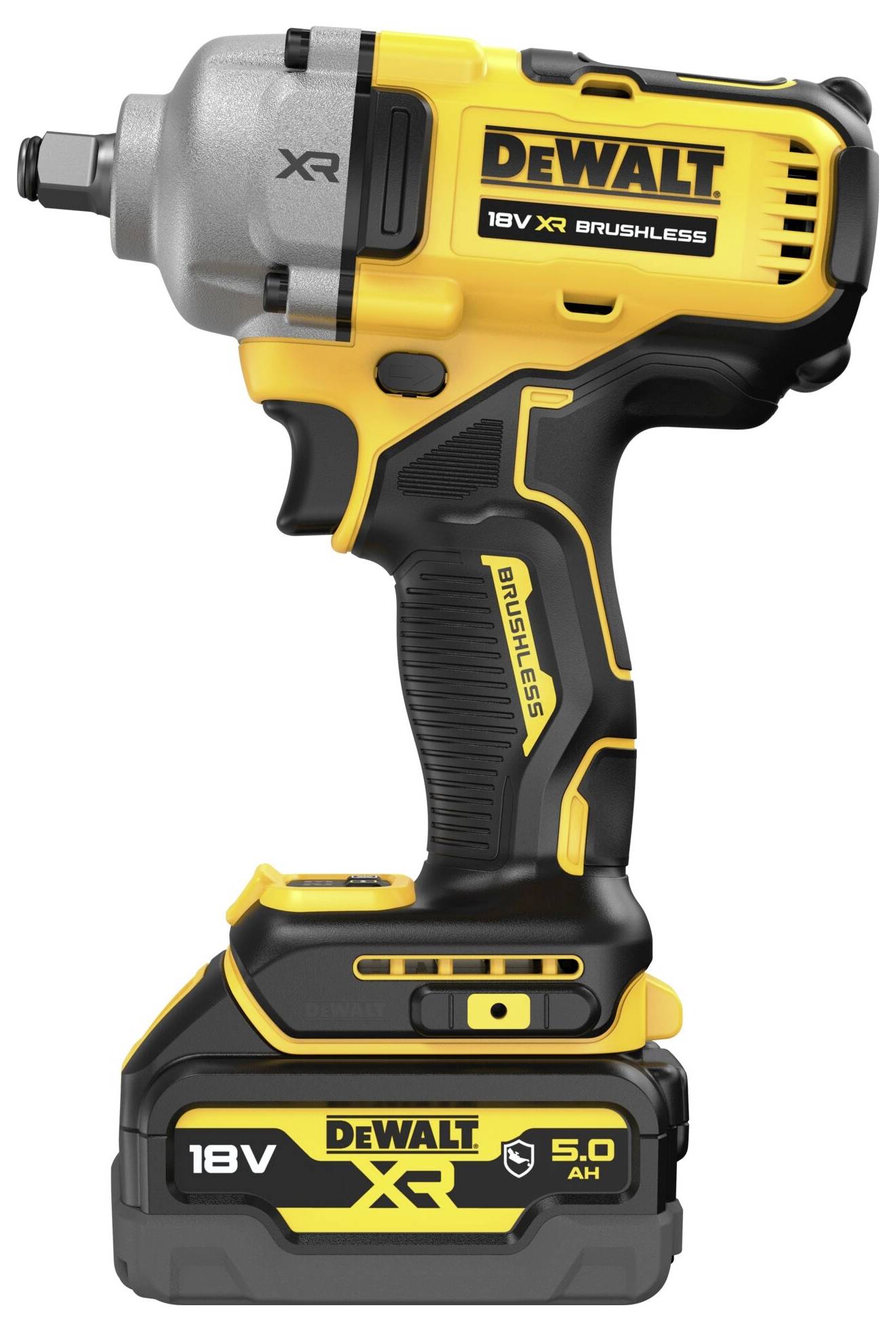 High-performance Cordless Impact Driver 'DeWALT XR', 18V, 5.0 Ah, in Black and Yellow, with brushless motor for long-lasting performance.