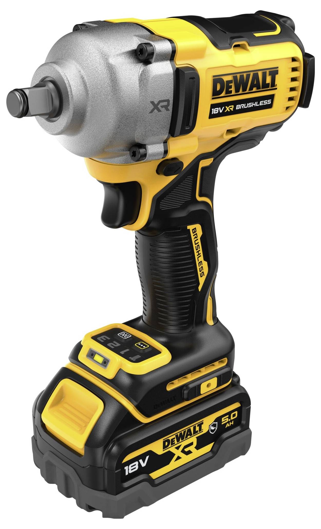 Cordless impact driver in black and yellow with 18V battery and brushless motor, by DeWalt.