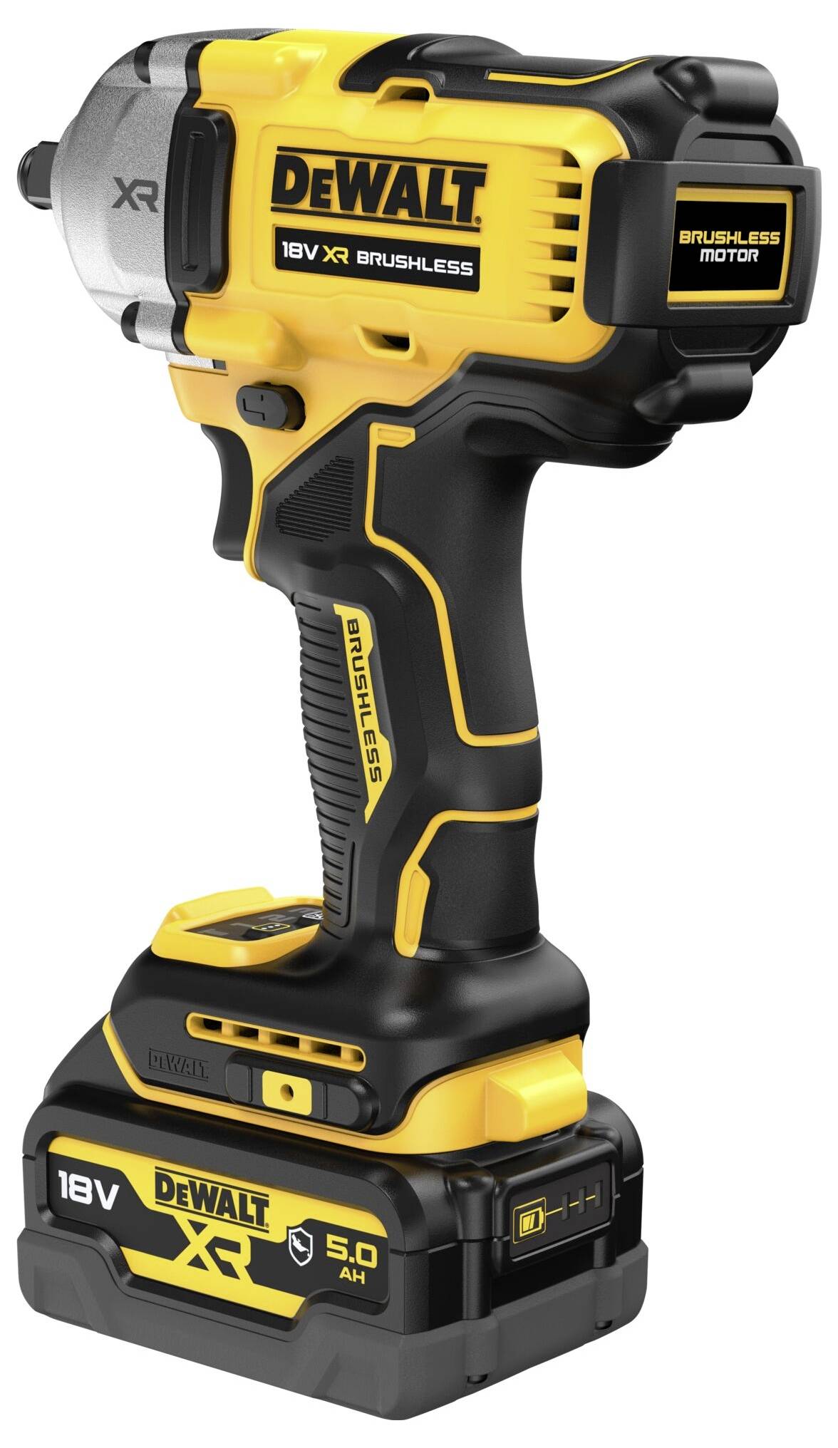 Yellow and black cordless drill with the inscription 'DeWalt 18V XR Brushless'.