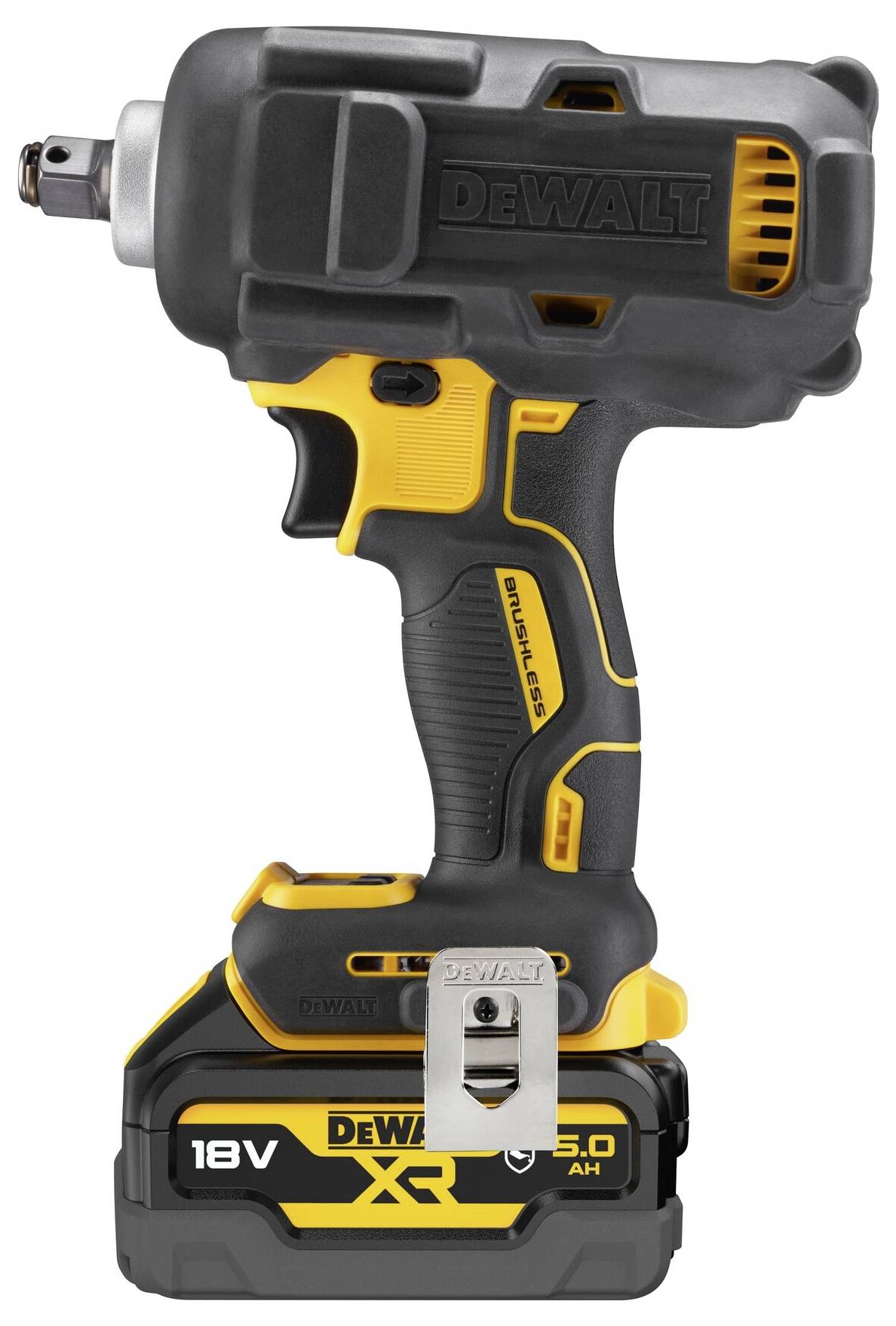 Cordless Impact Driver in Black and Yellow, with 18V XR 5.0 Ah Battery. Suitable for screw-driving tasks in workshops or construction sites.