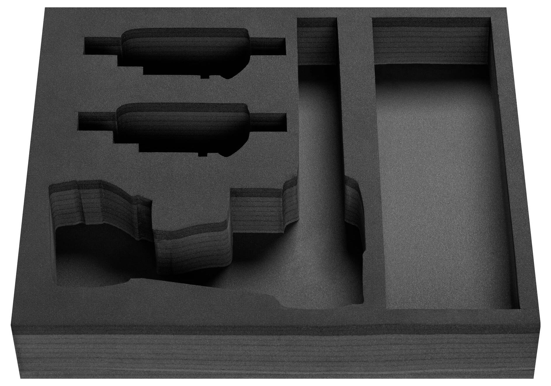 Foam insert with multiple cut-outs for tools, two rectangular and two round compartments, dark grey in colour.