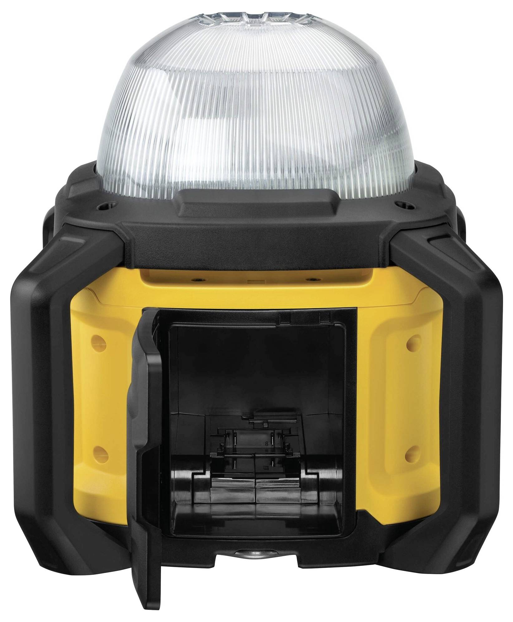 A yellow and black rotary laser device, viewed from the front with an open battery compartment. Used for construction and surveying work.