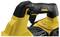 Close-up of a yellow power tool handle with a black accent. The focus is on the ergonomic design of the handle.