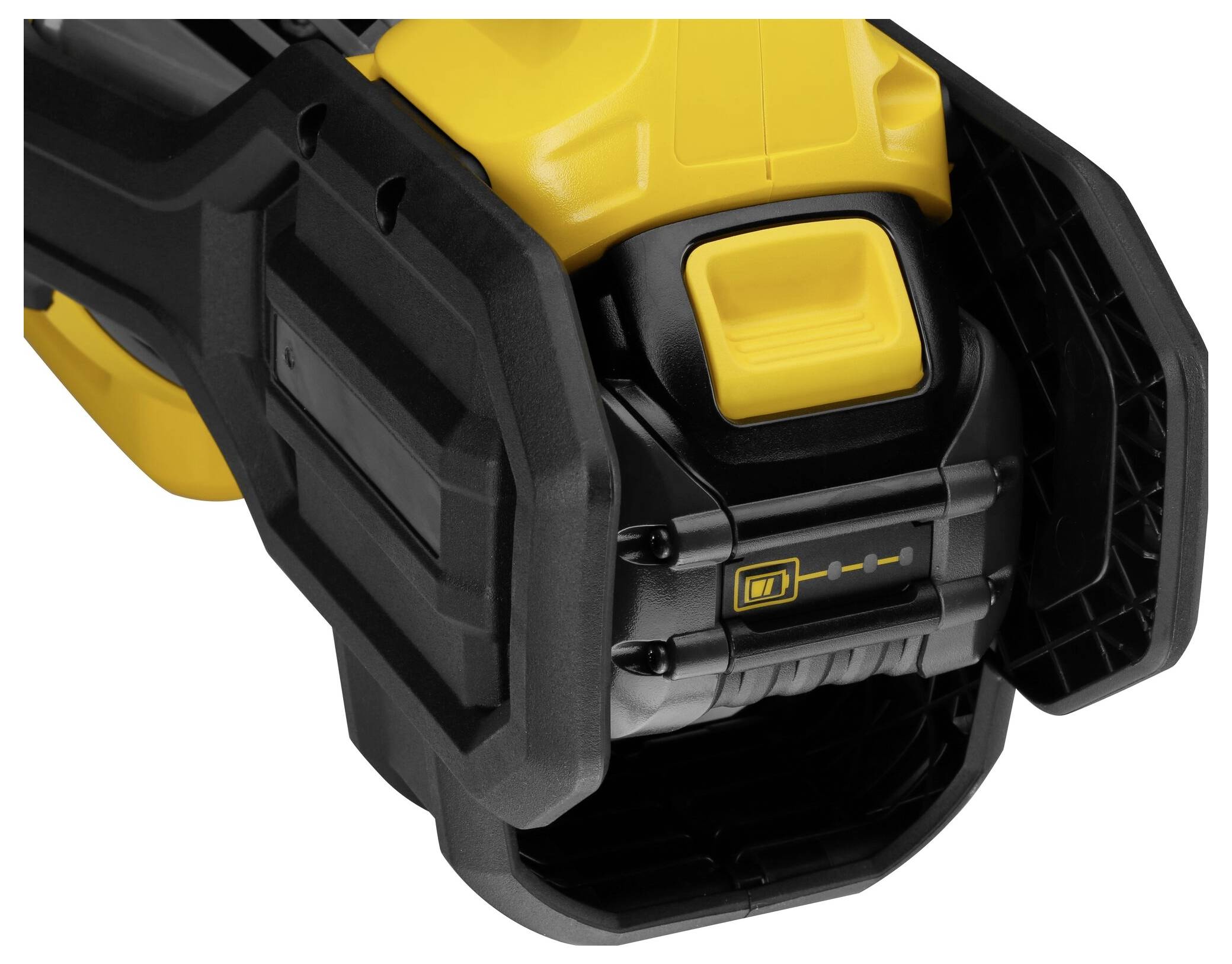 A yellow and black electric tool handle with a yellow switch and a small LED display for indicating battery level.