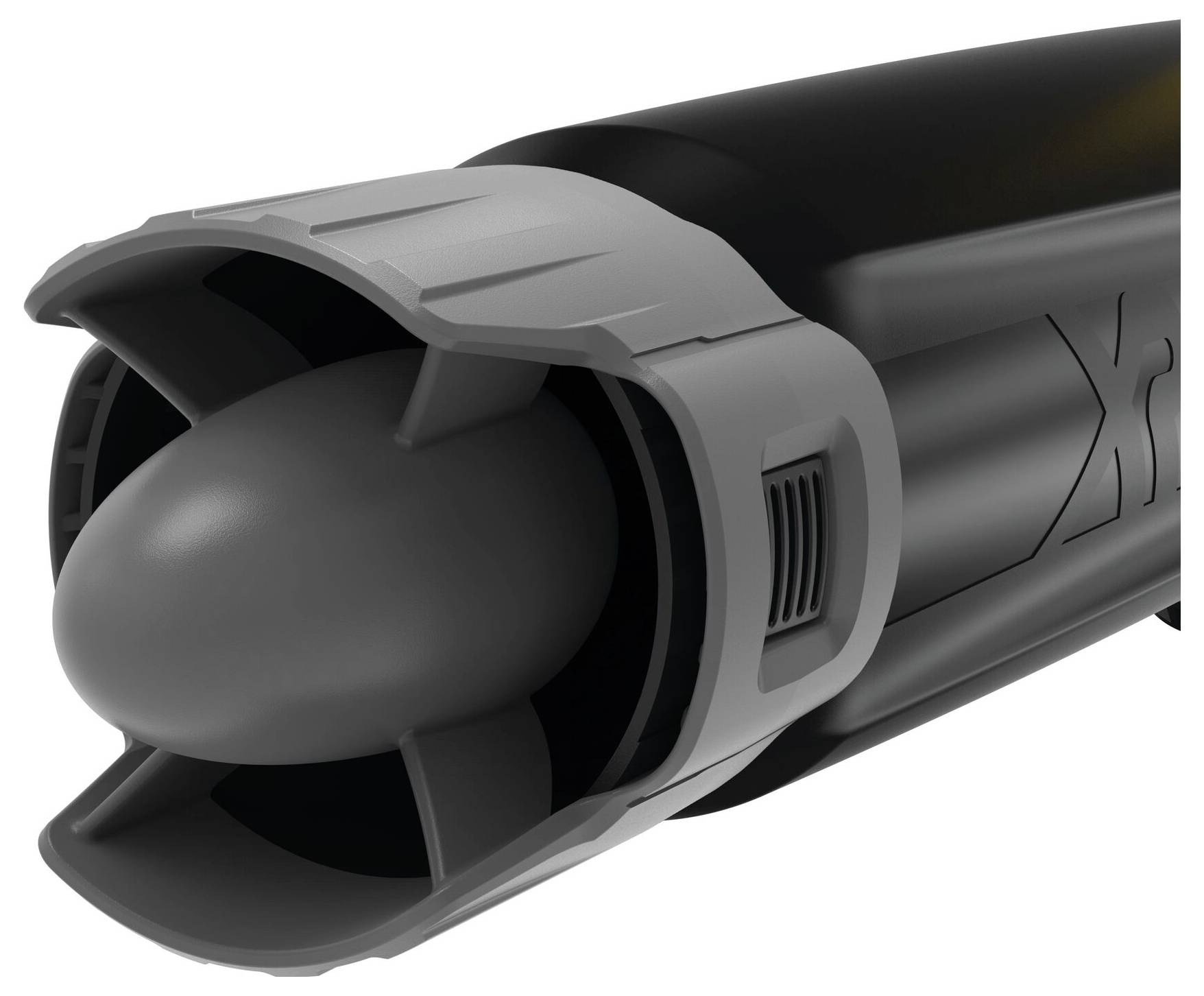 A black and grey electronic device with a rounded tip and protective case shows the front part of a tool.