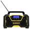 A yellow and black portable radio with a digital display and antenna, suitable for construction sites.