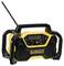 Portable yellow and black construction site radio with antenna and control panel. Robustly built for use on construction sites.