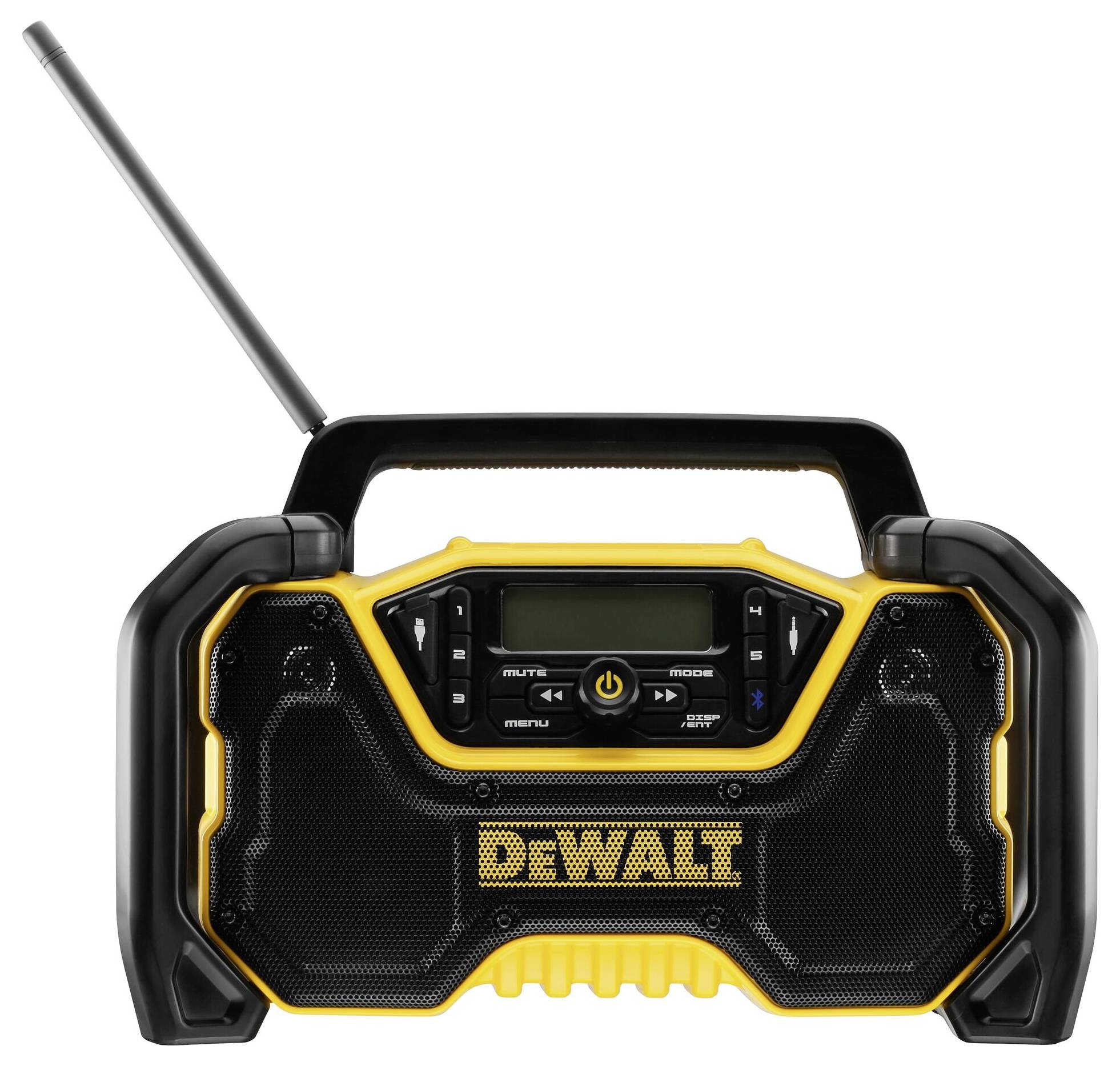 A yellow and black portable radio with an integrated speaker and antenna. Buttons for volume control are visible on the display.
