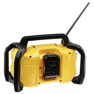 Portable yellow construction site radio with black carrying handle and extended aerial.