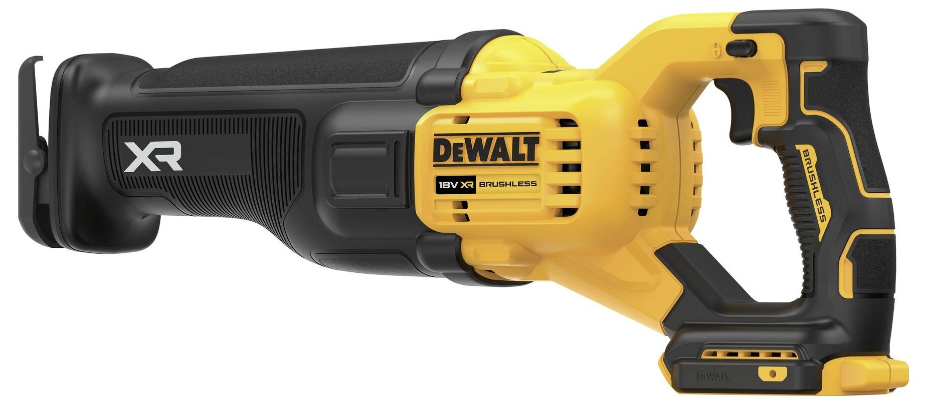 Cordless reciprocating saw in yellow and black with an ergonomic handle and company logo, 'DeWalt XR' model, suitable for construction work.