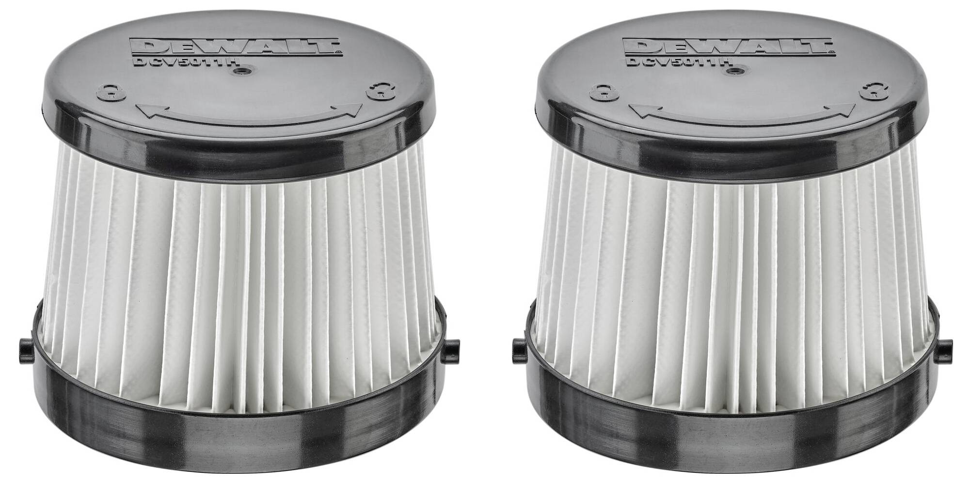 Two cylindrical, ribbed filter elements in a grey plastic housing. The 'DeWALT' logo is embossed on the top.