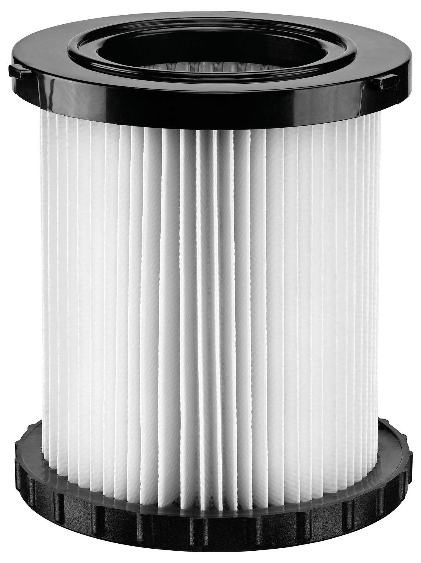 A cylindrical HEPA filter with white pleats and black plastic caps at the top and bottom.