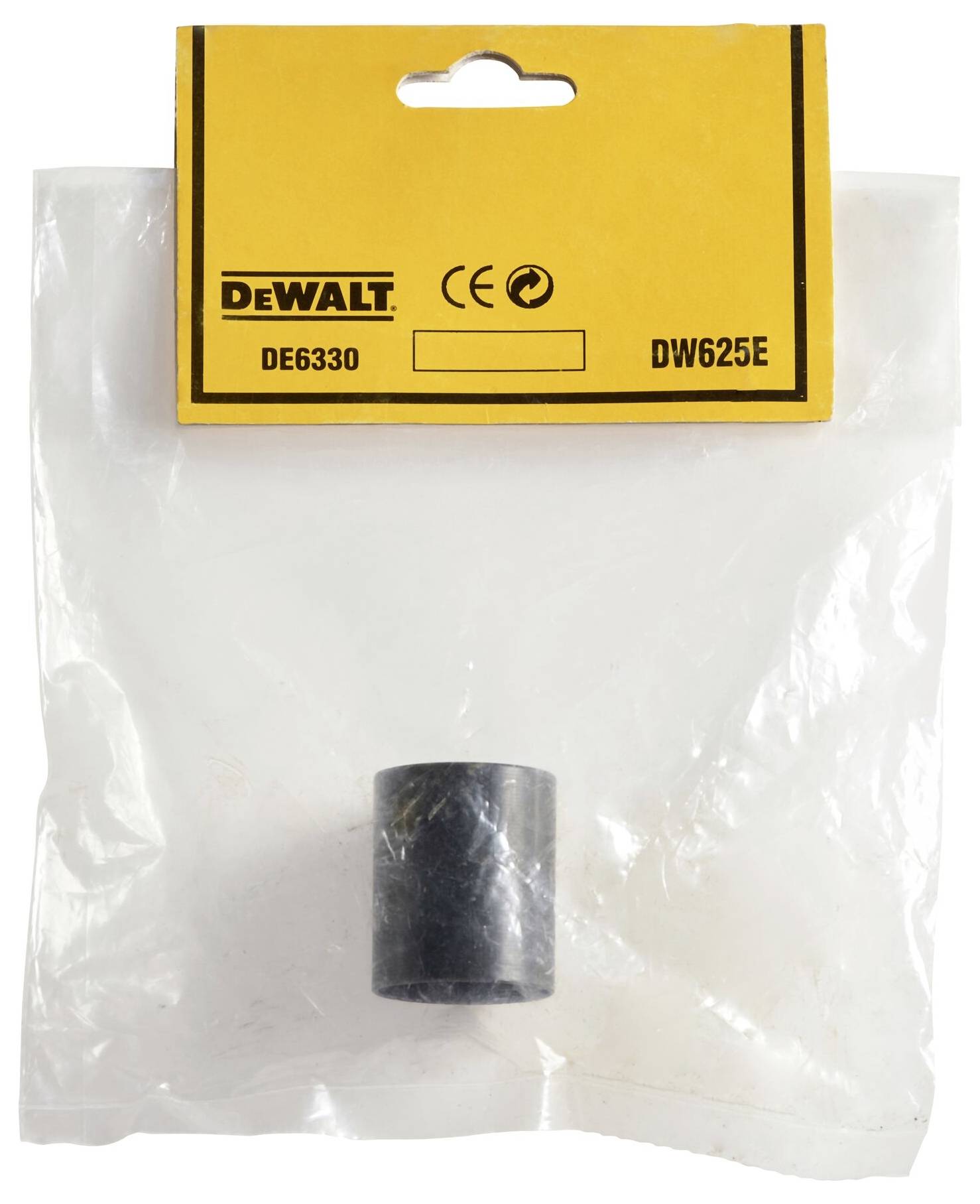 A plastic packaging containing a black cylindrical component. On top, a yellow label reading 'DeWALT DE6330 DW625E'.