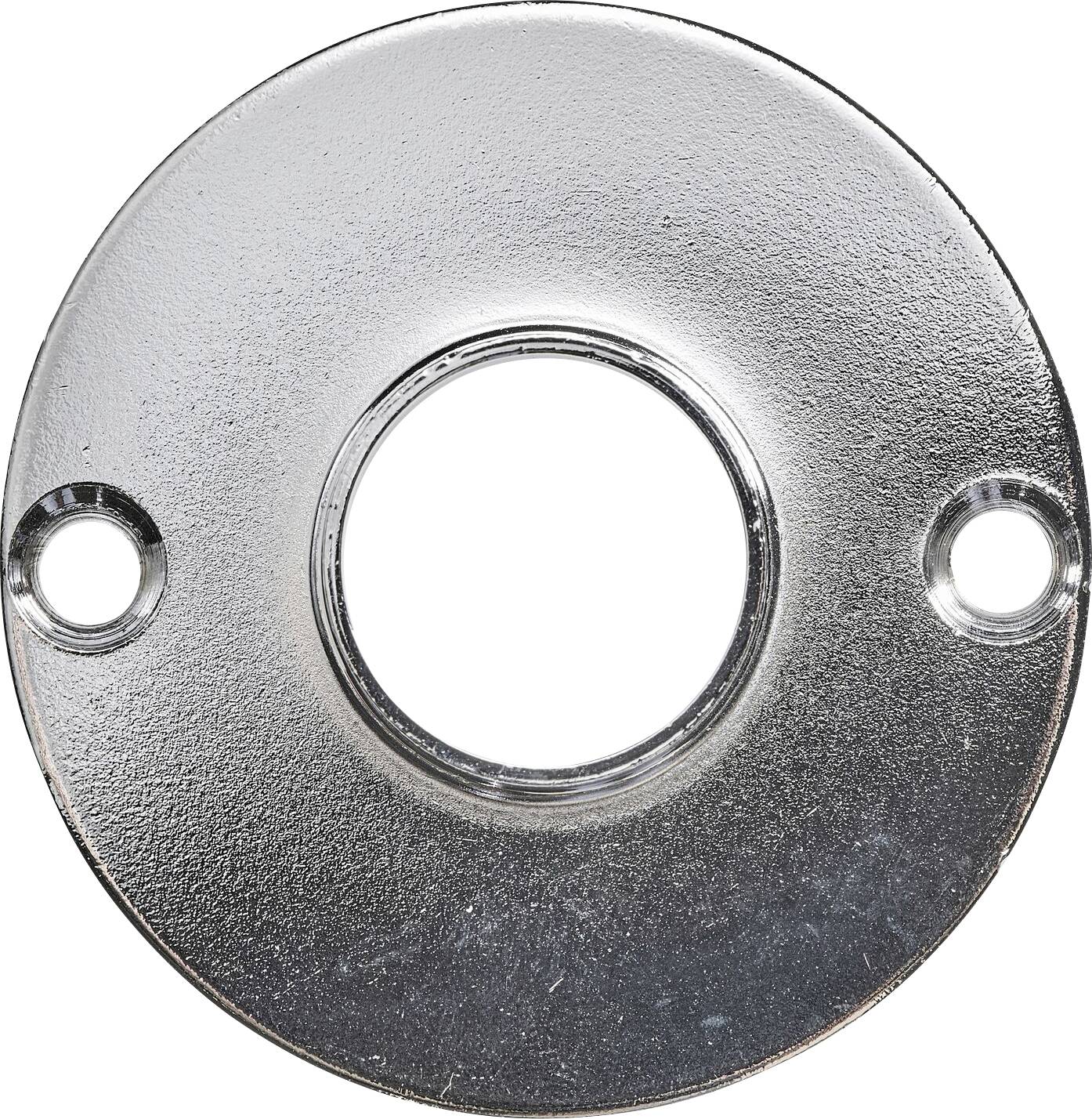 A metal round plate with a central hole and two side mounting holes. The surface is shiny and smooth.