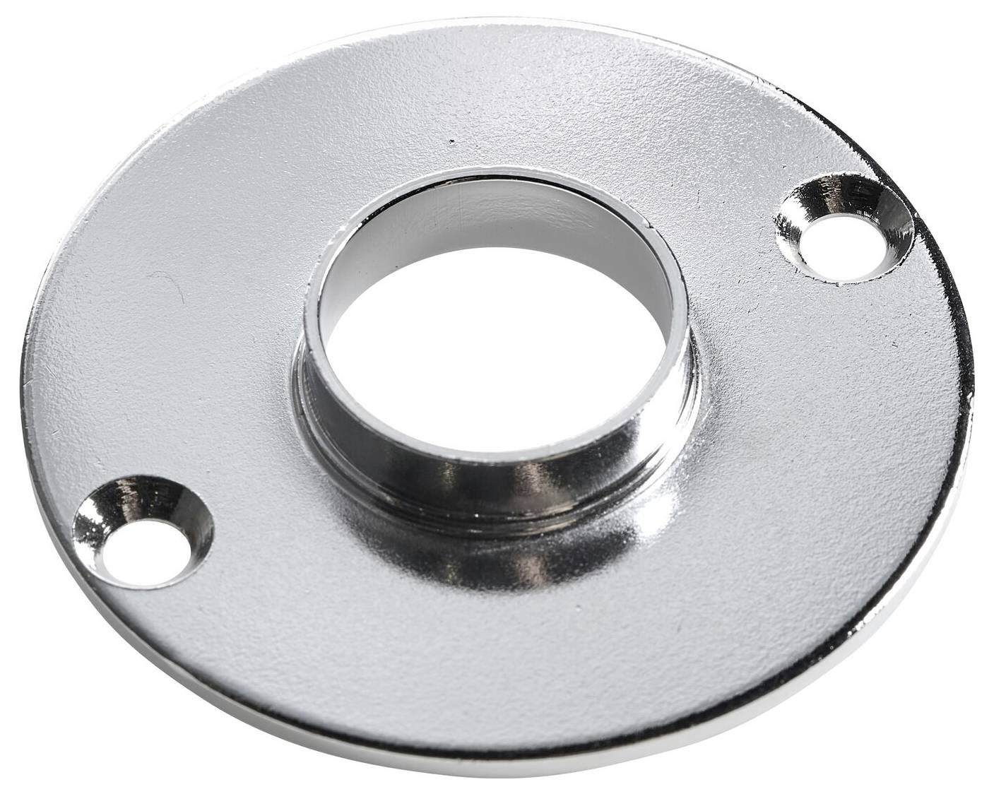 Metal disc with a central hole and two fixing holes on the sides, likely for mounting pipe or cable connections.
