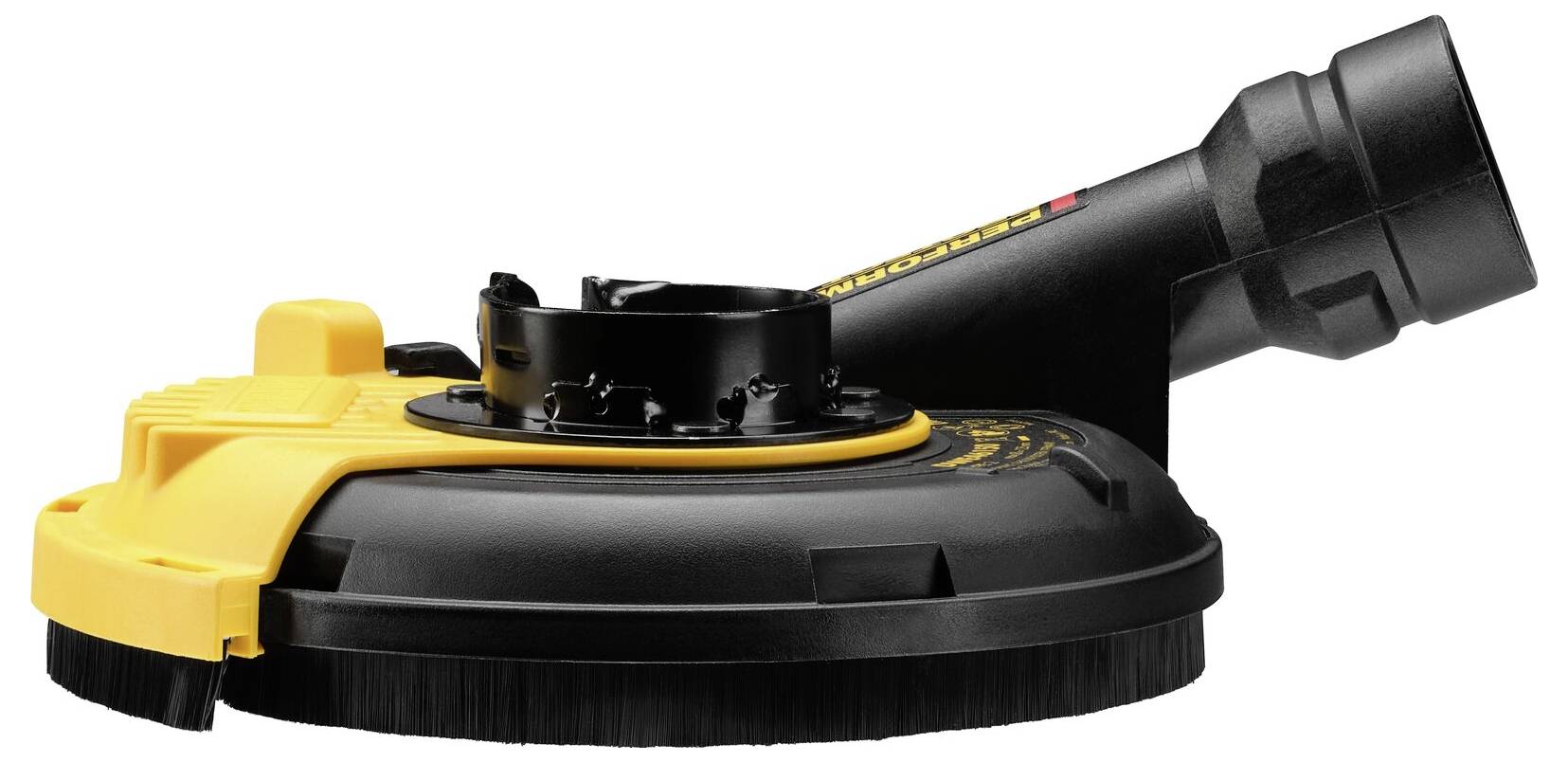 A round, black and yellow grinding wheel attachment for a grinding machine with a bristled edge, designed for precision grinding.