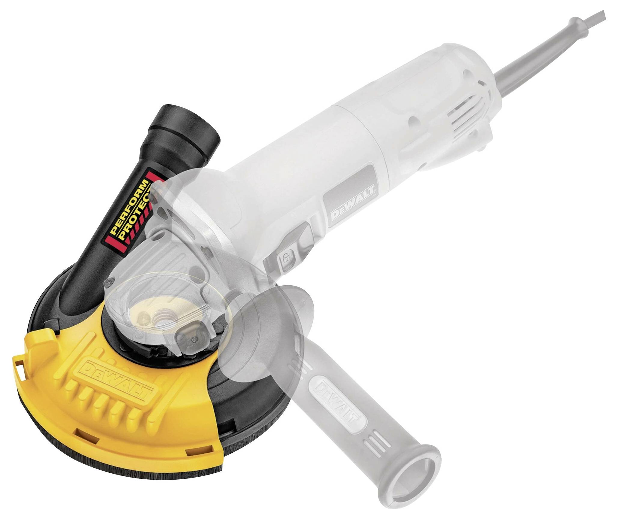 An angle grinder with a yellow protective housing and black handle. A product label is visible. Tool shown in perspective view.