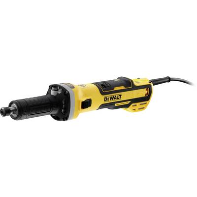 A yellow, electric angle grinder by DEWALT with a long black handle. Used for grinding and cutting.