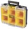 'DeWalt ToughSystem 2.0' tool case with transparent lid and yellow compartments. Carry handle on top, robust construction.