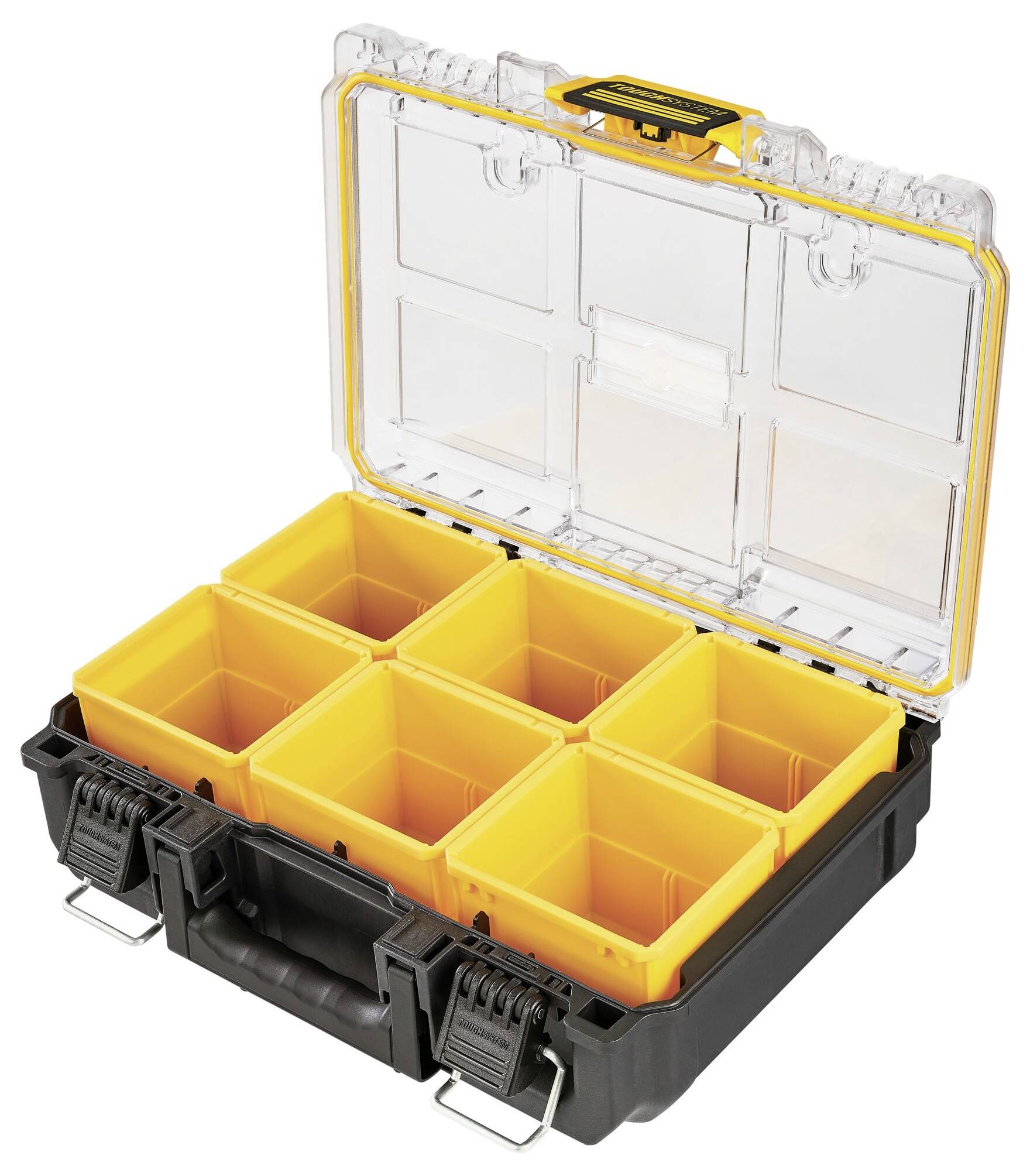 An opened toolbox with yellow compartments arranged in two rows. The compartments are empty and the lid is transparent.